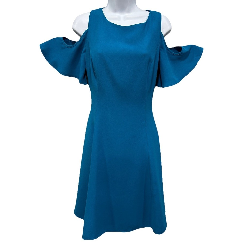 White House Black Market Fit & Flare Dress Size 8 Blue Teal Cold Shoulder Lined